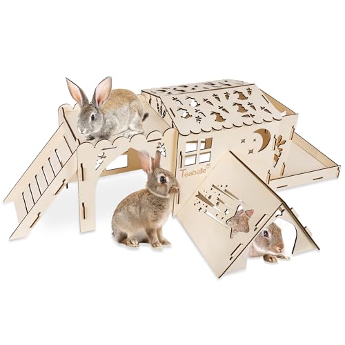 Teabelle Kaninchenversteck aus Holz, Mehrkammer-Hasentunnel-Spielhaus mit Futterspender und Leiter, Kleintier-Lebensraum Dekor für Dwaf Bunny Chinchilla Igel Meerschweinchen von Teabelle