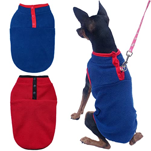 2 Stück Hunde-Fleece-Weste, Pullover, Fleece-Welpenjacke, Herbst, Winter, kaltes Wetter, Kleidung, Haustier-Stretch-Fleece-Bekleidung mit Knöpfen für kleine, mittelgroße Hunde, Katzen (rot + blau, klein) von Tealots