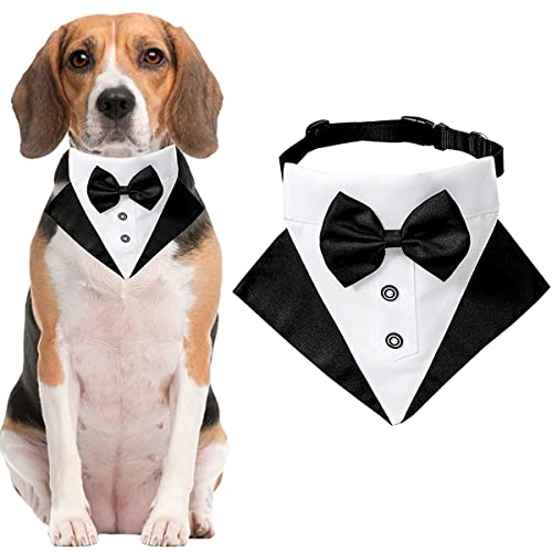 Formal Dog Smoking Hochzeit Bandana Kostüm Welpen Halsband mit Fliege Haustier Fliege Halsband Bandana für kleine, mittelgroße und große Hunde Katzen verstellbares Halstuch (groß) von Tealots