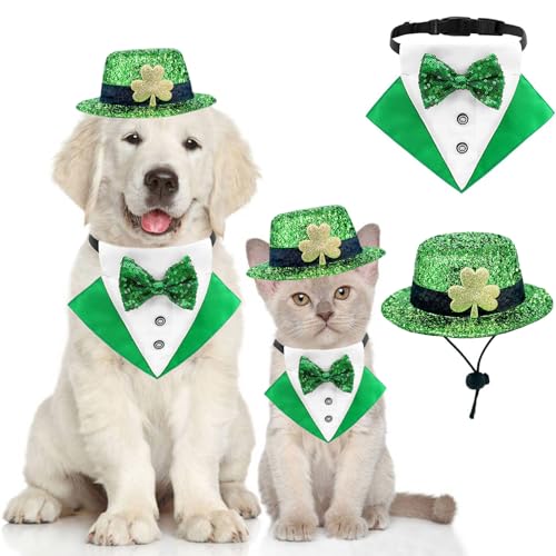 St. Patricks Day Hundekostüm, Irische Kleeblätter, glänzender Zylinder und Bandana, Fliege, Halsband, grüne Fliege, Outfits, verstellbarer Smoking-Schal mit D-Ring für kleine, mittelgroße und große von Tealots