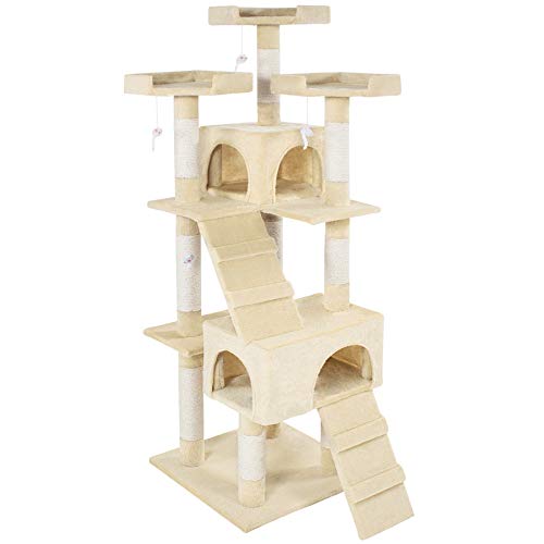 tectake® Katzen Kratzbaum groß, für Katzen und Kitten, mit 2X Katzenhaus, 4X Katzenspielzeug Spielmaus und 2X Katzenleiter zum Klettern, Kratzsäule Sisalseil, Kippschutz mit Wandmontage - beige von tectake