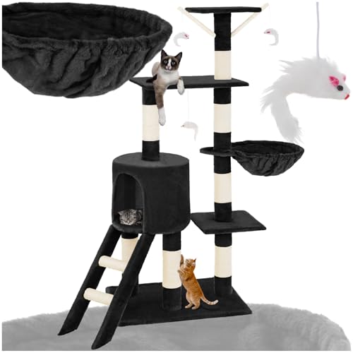 tectake Kratzbaum, Katzenbaum für Katzen, Kratzbaum mittel groß mit Sisalstangen, Höhle und Treppe, Katzenhaus 144 cm hoch, Kletterbaum für Katzen, Spielbaum für Katzen - schwarz von tectake