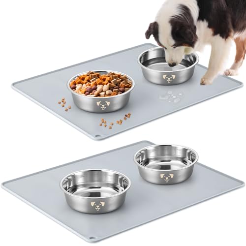 Teenyyou Edelstahl Metall Hundenapf 4er Set mit Mitte Silikonmatte 2er Set Futter und Wassernapf Haustiere Medium Edelstahlnapf Weniger Gleitende Leise Haustier Schalen für Katzen und Hunde (2 Tassen) von Teenyyou