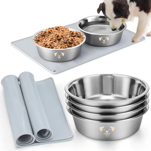 Teenyyou Edelstahl Metall Hundenapf 4er Set mit großer Silikonmatte 2er Set Futter und Wassernapf Haustiere Medium Edelstahlnapf Weniger Gleitende Leise Haustiernäpfe für Katzen und Hunde (6 Tassen) von Teenyyou