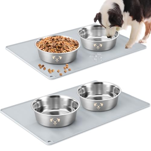 Teenyyou Edelstahl Metall Hundenapf 4er Set mit großer Silikonmatte 2er Set Futter und Wassernapf Haustiere Medium Edelstahlnapf Weniger Gleitende Leise Haustiernäpfe für Katzen und Hunde (6 Tassen) von Teenyyou