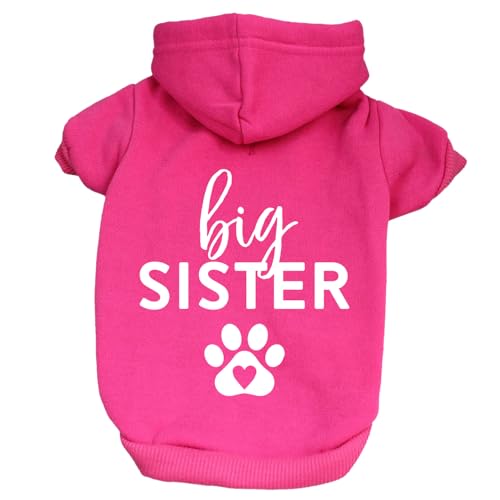 Hunde-Kapuzenpullover mit Aufschrift Big Sister Heart Paw Baby Ankündigung mit Fleece-Futter, Sweatshirt mit Loch für die Leine (Hot Pink, 6X-Large 86) von Tees & Tails