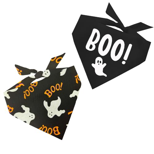 Boo Ghost Hundehalstuch, leuchtet im Dunkeln, wiederholt, gemustert und Boo Halloween, 2 Stück (Muster 5, OS / 166 Black OS) von Tees & Tails