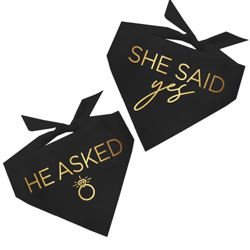 He Asked and She Said Yes! Hundehalstuch, metallisch bedruckt, für Hochzeit, Verlobung, Ankündigung, 2 Stück (Schwarz, OS Goldfolie 5 & 6) von Tees & Tails