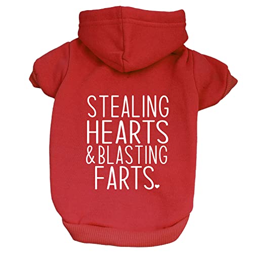 Hunde-Kapuzenpullover "Stealing Hearts & Blasting Farts", mit Fleece gefüttert, Sweatshirt mit Loch für die Leine (Rot, Größe 6XL 983) von Tees & Tails