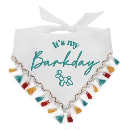 It's My Barkday Hundehalstuch mit mehrfarbigen Fransen, Weiß, Trim4 Puff 12 von Tees & Tails