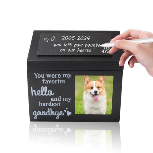 Tefola Personalisierte Hundeurne mit Fotoschlitz und Gedenkzitaten, DIY-Kreidetafel, Haustier-Gedenkgeschenk, Holzbox für Hunde, Asche und Haare von Tefola