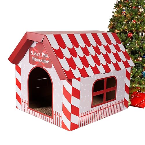 Katzenhaus aus Karton für Indoor-Katzen, Outdoor-Katzenhaus – Tierhaus mit Kratzer, abnehmbar und faltbar, mehrere Fenster, Weihnachtsmotiv zum Schlafen und Katzen Teksome von Teksome