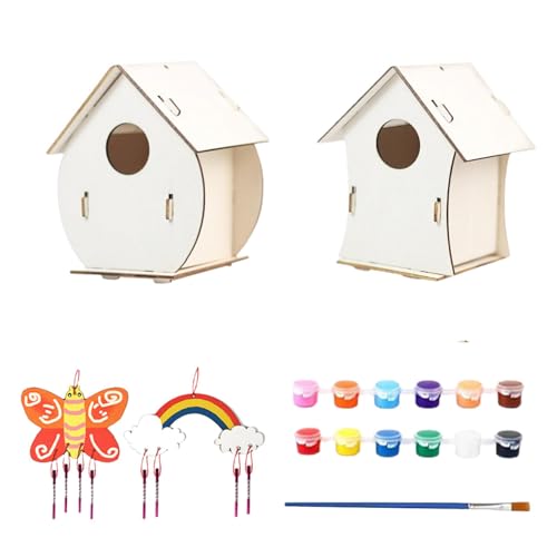 Vogelhaus-Bausatz, Vogelhaus aus Holz - Holz-Vogelhaus-Set inklusive Farben und Pinsel, selbstgebautes Vogelhaus aus Holz, 2 Sets - Lernspielzeug für den Außenbereich für Kinder im von 4 bis von Teksome