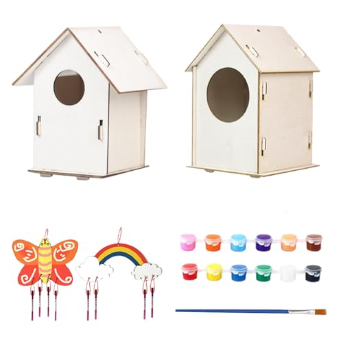 Vogelhaus-Sets für Kinder,Vogelhaus-Set, Vogelhaus-Set inklusive Farben und Pinsel, selbstgebautes Vogelhaus aus, 2 Sets, Lernspielzeug für den Außenbereich für Kinder im von 4 bis 8 J von Teksome