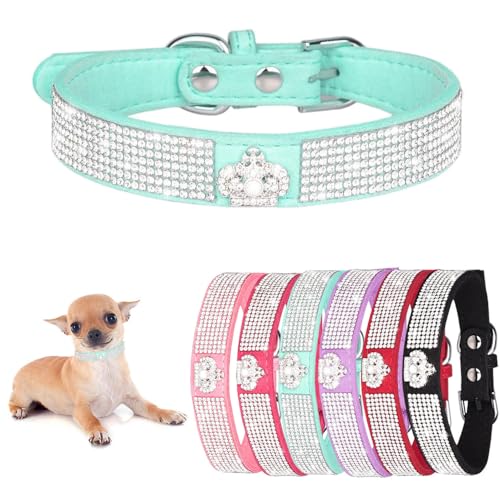 Hundehalsband für kleine Hündinnen, Kronen-Glitzer-Welpenhalsband, Mädchen, niedlicher Strass, schillernd, funkelnd, hübscher Kristalldiamant für XXS, XS, S, M, L, Blaugrün von Teleyi