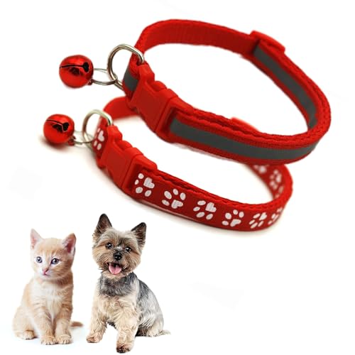 Rotes Hundehalsband für kleine Katzen mit Glöckchen, reflektierendes Hundehalsband, mit Glöckchen, für XXS, XS, kleine Kätzchen, Haustiere, Hündinnen, 2er-Pack, Halsumfang 17,8 - 30,5 cm von Teleyi