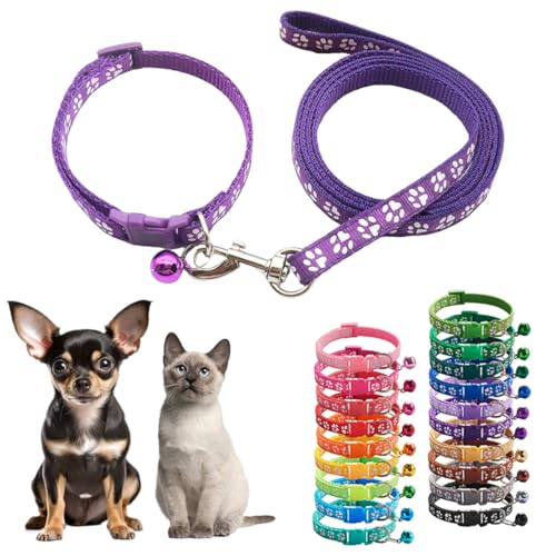 Set mit Halsband und Leine für kleine Katzen, mit Glöckchen, Nylon, Pfotenhalsband, Mädchen, niedlich, schick, Welpen, Halsumfang 17,8 - 30,5 cm, Dunkelviolett von Teleyi