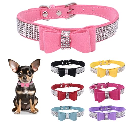 Strass-Lederhalsband für Hunde und Katzen, mit Fliege, glitzernd, Kristalldiamanten, für kleine, mittelgroße und große Hunde von Teleyi