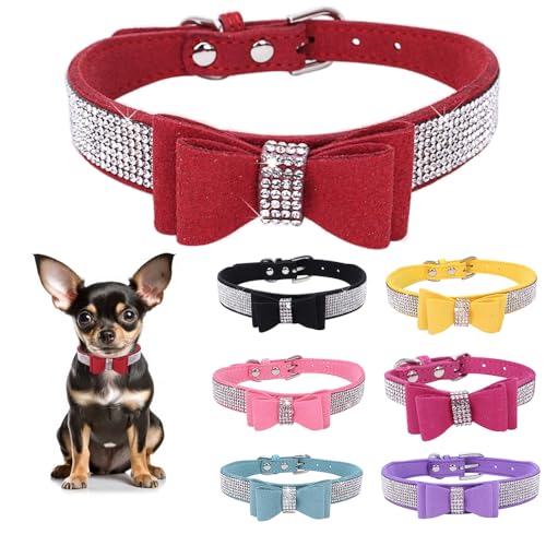 Strass-Lederhalsband für Hunde und Katzen, mit Fliege, glitzernd, Kristalldiamanten, für kleine, mittelgroße und große Hunde von Teleyi