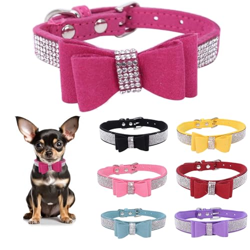 Strass-Lederhalsband für Hunde und Katzen, mit Fliege, glitzernd, Kristalldiamanten, für kleine, mittelgroße und große Hunde von Teleyi