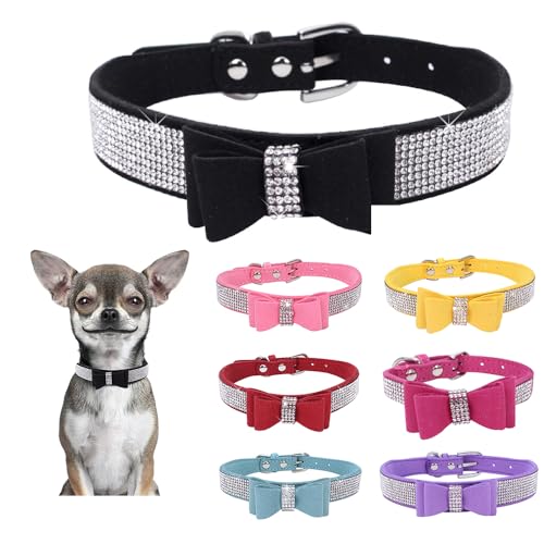 Strass-Lederhalsband für Hunde und Katzen, mit Fliege, glitzernd, Kristalldiamanten, für kleine, mittelgroße und große Hunde von Teleyi