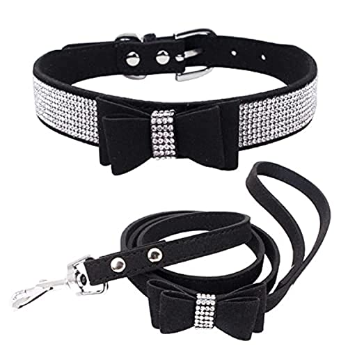 Strass-Lederhalsband für Hunde und Katzen, mit Fliege, glitzernd, Kristalldiamanten, glitzernd, für kleine, mittelgroße und große Hunde von Teleyi