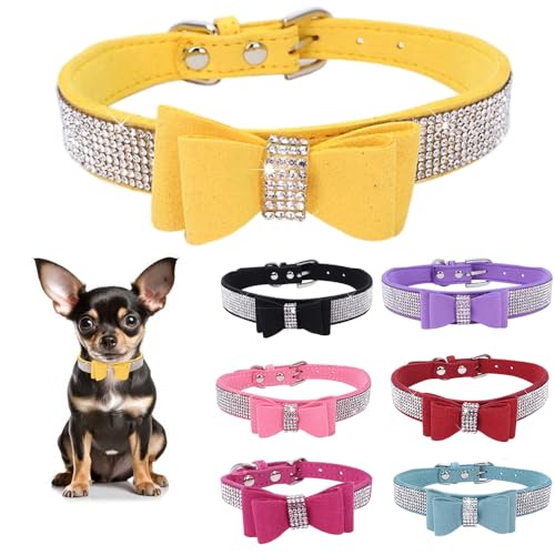 Strass-Lederhalsband für Hunde und Katzen, mit Fliege, glitzernd, Kristalldiamanten, glitzernd, für kleine, mittelgroße und große Hunde von Teleyi