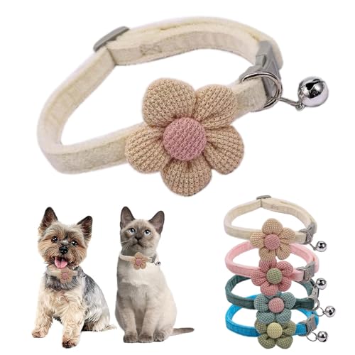 XS Hundehalsband mit Glöckchen, beige, Blumenmuster, Katzenhalsband mit Glöckchen, Wildleder, für Mädchen, niedlich, ausgefallenes Welpenhalsband mit Glöckchen, für XXS, XS, kleines Kätzchen, von Teleyi