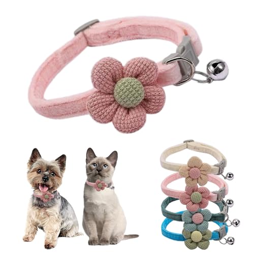 XXS Hundehalsband mit Glöckchen, rosa Blume, Katzenhalsband mit Glöckchen, Wildleder, niedlich, ausgefallenes Welpenhalsband mit Glöckchen, für XXS, XS, kleines Kätzchen, Hündinnen, Halsumfang 20,3 - von Teleyi