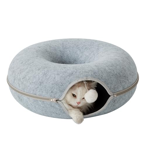 Tempcore Rundes Katzentunnelbett für Indoor-Katzen, Peekaboo Katzenhöhle mit Ballspielzeug, Kratzen abnehmbar & waschbar Donut Katzenbett, Katzenspieltunnel für kleine Haustiere (50,8 cm, Hellgrau) von Tempcore