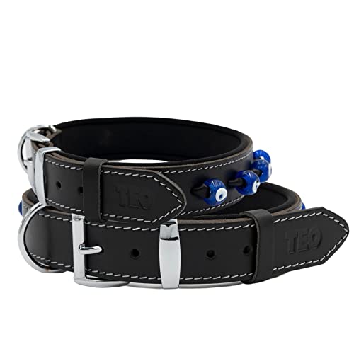 Teo Premium Pet Supplies Leder-Hundehalsband, verstellbar, langlebig, Haustierhalsbänder für Hunde mit atmungsaktivem, strapazierfähigem, rostfreiem Hundezubehör, Metallschnalle, Schwarz (XS+) von Teo Premium Pet Supplies