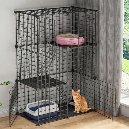 Katzenkäfig mit 3 Ebenen, DIY Katzenlaufstall, mit 3 Vordertüren, 2 Rampenleitern, 2 verstellbaren Ruheplattformen, abnehmbarer Metalldraht-Zwinger, Kisten-Trainingsplatz, ideal für 1–3 Katzen von TeqHome