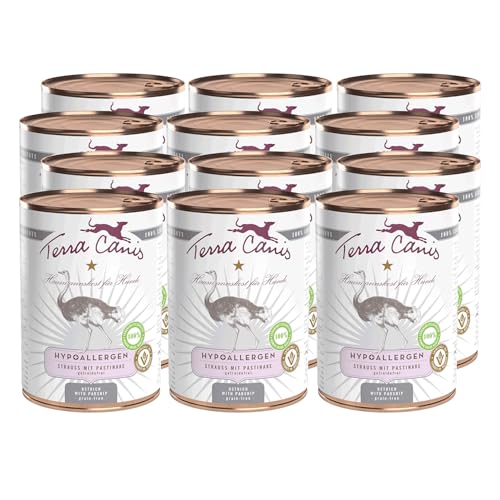 Terra Canis Hundefutter hypoallergen, Nassfutter getreidefrei mit Strauß & Pastinake 12x400 g – Hypoallergenes Premium-Nassfutter für Hunde Aller Rassen, mit Rohstoffen in 100% Lebensmittelqualität von Terra Canis