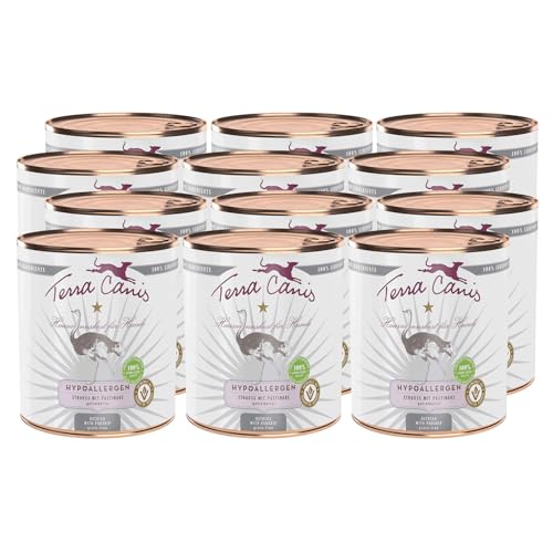 Terra Canis Hundefutter hypoallergen, Nassfutter getreidefrei mit Strauß und Pastinake 12x800 g – Hypoallergenes Premium-Nassfutter für Hunde Aller Rassen, mit Rohstoffen in 100% Lebensmittelqualität von Terra Canis