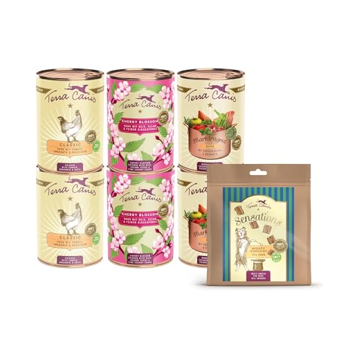 Terra Canis Gourmetpaket Huhn: 2x400g Classic, 2x385g Marktragout, 2x400g Flower-Menü & Hundesnack ''Mighty Munchies (90g) I Premium Hundefutter in 100% Lebensmittelqualität Aller Rohstoffe von Terra Canis