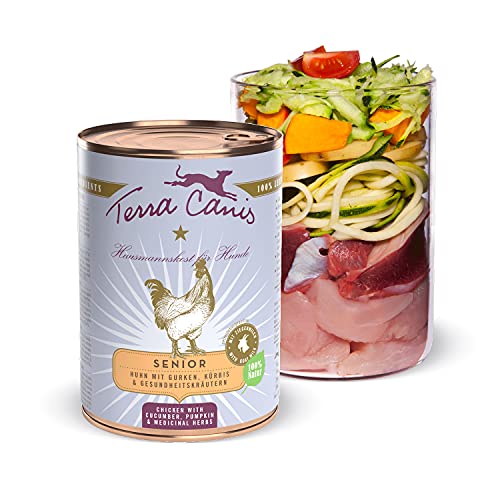 Terra Canis Huhn, Gurke, Kürbis & Gesundheitskräuter - Senior Nassfutter, 400g I Premium Hundefutter in 100% Lebensmittelqualität Aller Rohstoffe I Reichhaltig & gesund I Allergen- & getreidearm von Terra Canis