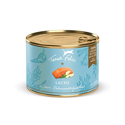 TERRA FELIS Lachs, Mono-Protein Nassfutter, 200g I Premium Katzennahrung in 100% Lebensmittelqualität Aller Rohstoffe I Hohe Akzeptanz, 90% Fleischanteil, getreidefrei I Alleinfuttermittel von Terra Felis