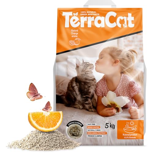 TerraCat Katzenstreu, 6.5L - 5Kg Cat Litter, 100% Natürlicher Griechischer Bentonit Katzenstreu Klumpstreu, Hohe Saugfähigkeit Klumpstreu für Katzen, Staubfrei Katzenstreu Klumpend, Orangenduft von TerraCat