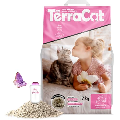 TerraCat katzenstreu, 9L-7Kg Cat Litter, 100% Natürlicher Griechischer Bentonit Katzenstreu Klumpstreu mit Duft, Hohe Saugfähigkeit Klumpstreu für Katzen, Staubfrei Katzenstreu Klumpend, Babypuderduft von TerraCat