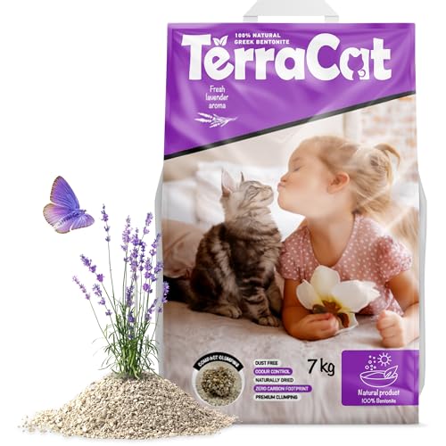 TerraCat katzenstreu, 9L - 7Kg Cat Litter, 100% Griechischer Bentonit Katzenstreu Klumpstreu mit Duft, Hohe Saugfähigkeit Klumpstreu für Katzen, Staubfrei Katzenstreu Klumpend, Lavendelduft von Terracat