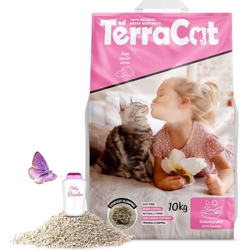 TerraCat Katzenstreu, 12.5L - 10Kg Cat Litter, 100% Natürlicher Griechischer Bentonit Katzenstreu Klumpstreu, Hohe Saugfähigkeit Klumpstreu für Katzen, Staubfrei Katzenstreu Klumpend, Babypuder Duft von TerraCat