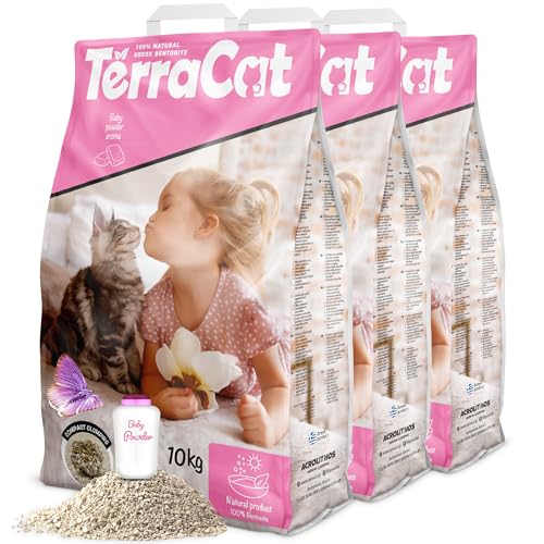 TerraCat katzenstreu, 37.5L - 3er Pack Cat Litter, 100% Griechischer Bentonit Katzenstreu Klumpstreu, Hohe Saugfähigkeit Klumpstreu für Katzen, Staubfrei Katzenstreu Klumpend, Baby Puder Duft, 30Kg von Terracat