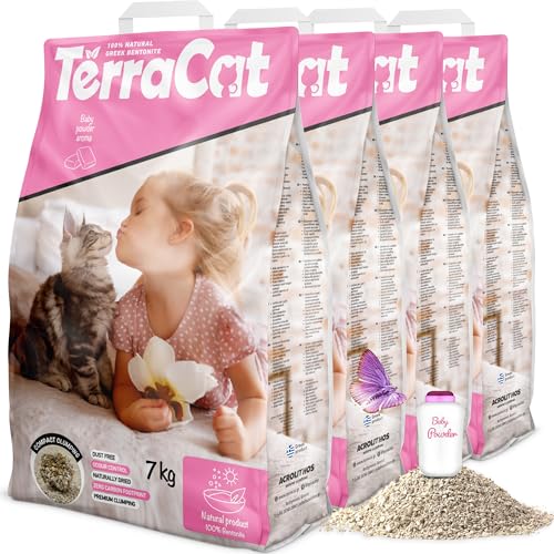 TerraCat Katzenstreu, 36L - 4er Pack Cat Litter, 100% Griechischer Bentonit Katzenstreu Klumpstreu, Hohe Saugfähigkeit Klumpstreu für Katzen, Staubfrei Katzenstreu Klumpend, Baby Puder Duft, 28Kg von Terracat