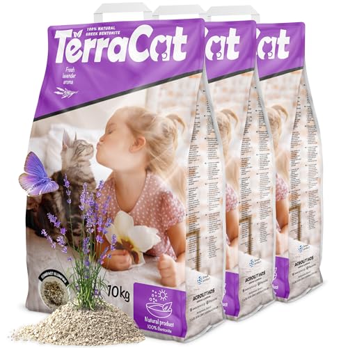 TerraCat katzenstreu, 37.5L - 3er Pack Cat Litter, 100% Griechischer Bentonit Katzenstreu Klumpstreu, Hohe Saugfähigkeit Klumpstreu für Katzen, Staubfrei Katzenstreu Klumpend, Lavendelduft, 30Kg von Terracat