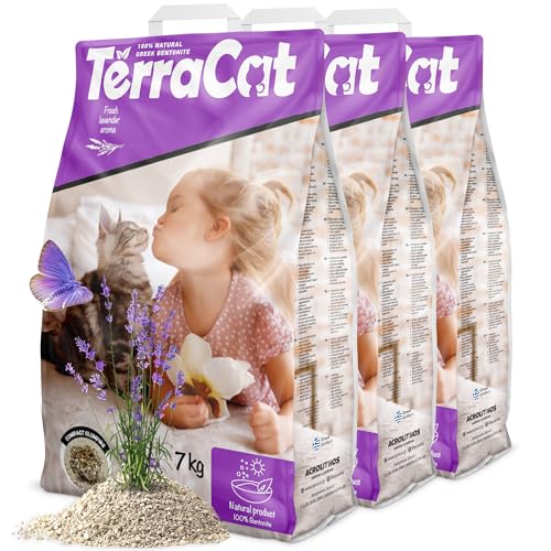 TerraCat katzenstreu, 27L - 3er Pack Cat Litter, 100% Griechischer Bentonit Katzenstreu Klumpstreu, Hohe Saugfähigkeit Klumpstreu für Katzen, Staubfrei Katzenstreu Klumpend, Lavendelduft, 21Kg von Terracat