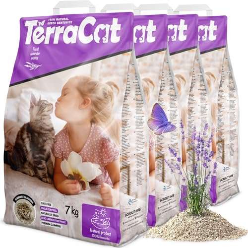 TerraCat Katzenstreu, 36L - 4er Pack Cat Litter, 100% Griechischer Bentonit Katzenstreu Klumpstreu, Hohe Saugfähigkeit Klumpstreu für Katzen, Staubfrei Katzenstreu Klumpend, Lavendelduft, 28Kg von Terracat