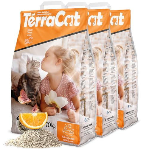 TerraCat katzenstreu, 37.5L - 3er Pack Cat Litter, 100% Griechischer Bentonit Katzenstreu Klumpstreu, Hohe Saugfähigkeit Klumpstreu für Katzen, Staubfrei Katzenstreu Klumpend, Orangenduft, 30Kg von Terracat