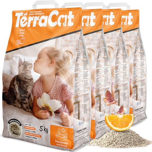 TerraCat Katzenstreu, 26L - 4er Pack Cat Litter, 100% Griechischer Bentonit Katzenstreu Klumpstreu, Hohe Saugfähigkeit Klumpstreu für Katzen, Staubfrei Katzenstreu Klumpend, Orangenduft, 20Kg von Terracat