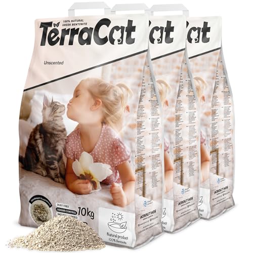 TerraCat Katzenstreu, 37.5L - 3er Pack Cat Litter, 100% Griechischer Bentonit Katzenstreu Klumpstreu, Hohe Saugfähigkeit Klumpstreu für Katzen, Staubfrei Katzenstreu Klumpend, Unparfümiert, 30Kg von Terracat