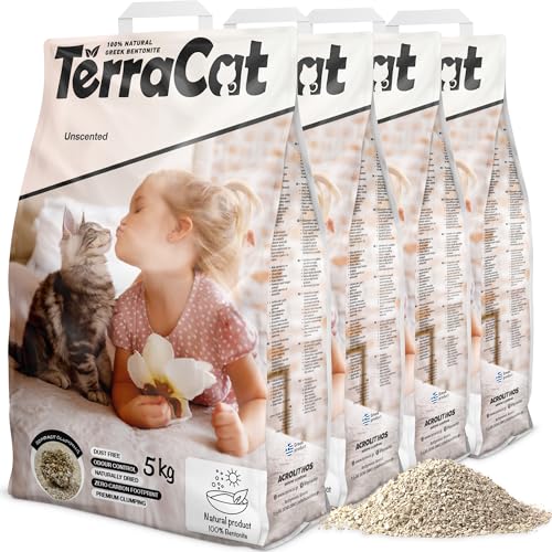 TerraCat Katzenstreu, 26L - 4er Pack Cat Litter, 100% Griechischer Bentonit Katzenstreu Klumpstreu, Hohe Saugfähigkeit Klumpstreu für Katzen, Staubfrei Katzenstreu Klumpend, Unparfümiert, 20Kg von Terracat